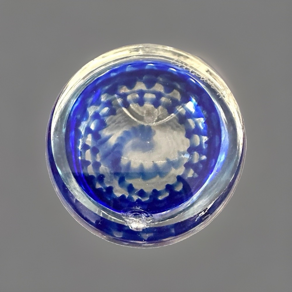 Vintage Hand Blown Art Glass Paperweight Cobalt Blue Pattern In Clear Glass 2" - Picture 3 of 8